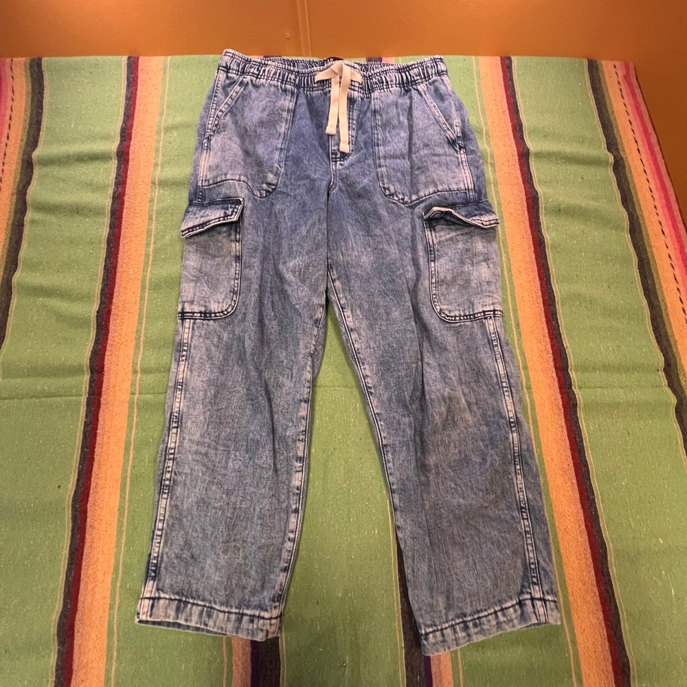 Gap Easy Jean Cargo Pants Mens L Blue Acid Wash Elastic Waist Cotton AZ59